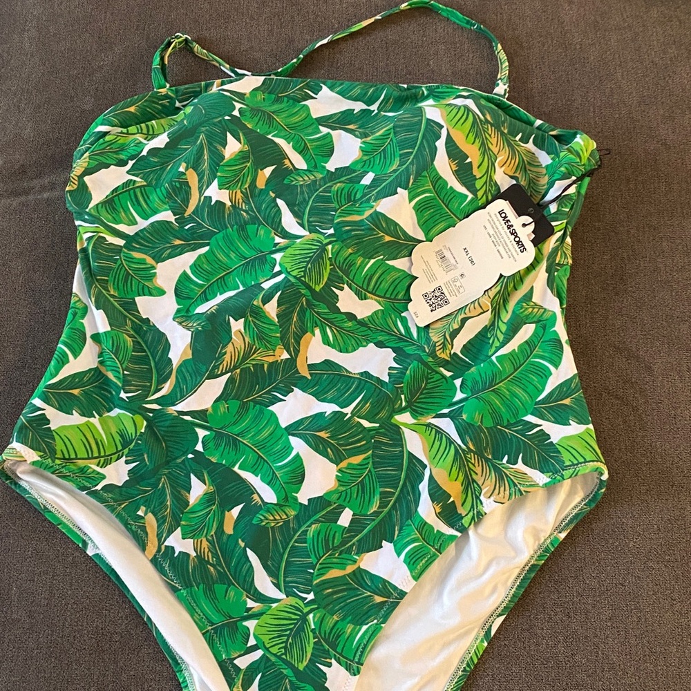 NWT LOVE&SPORTS Green Tropical Leaf Print One-Piece Swimsuit Side XXL